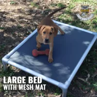 Large ChewProof dog bed with ToughMesh mat, built for heavy chewers, showing raised frame and breathable mesh surface